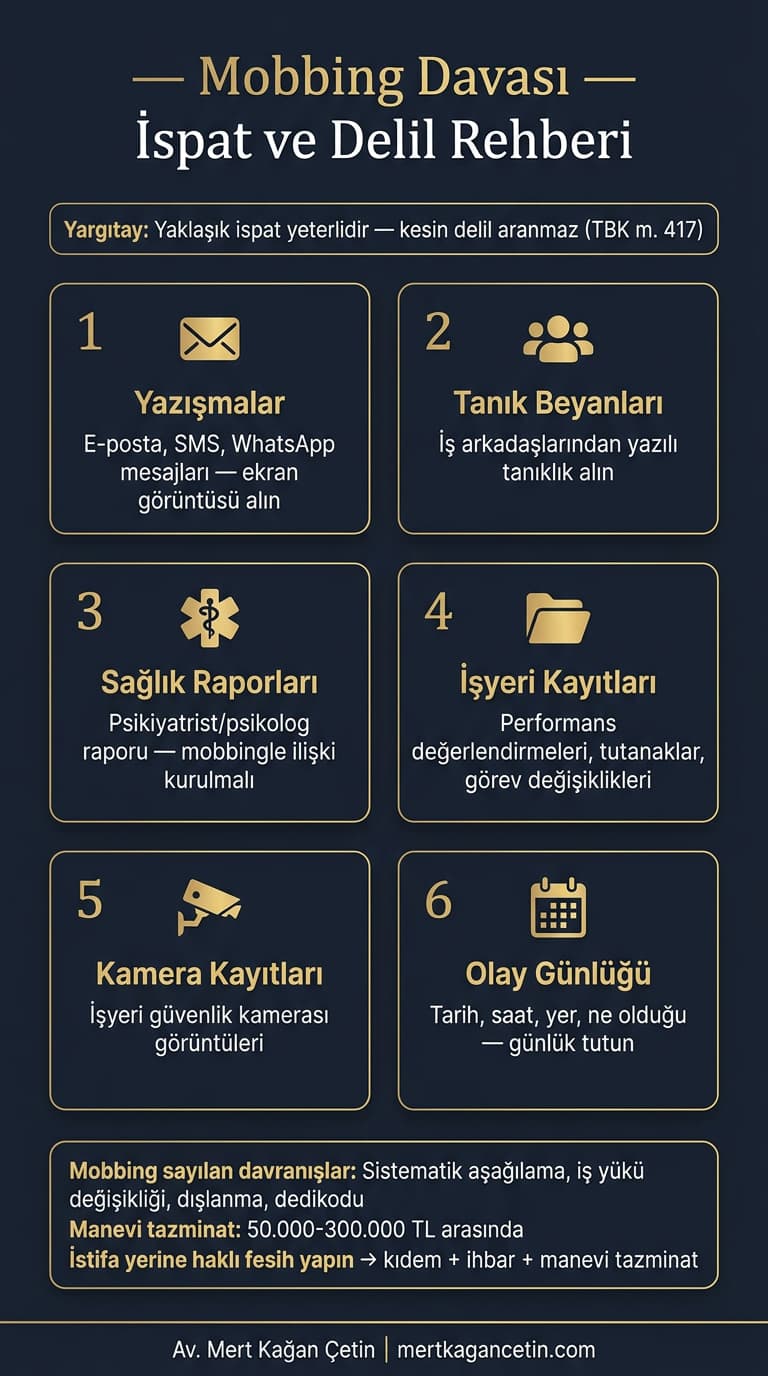 Mobbing davası ispat ve delil rehberi infografiği: yazışmalar, tanık beyanları, sağlık raporları, işyeri kayıtları, kamera görüntüleri ve olay günlüğü